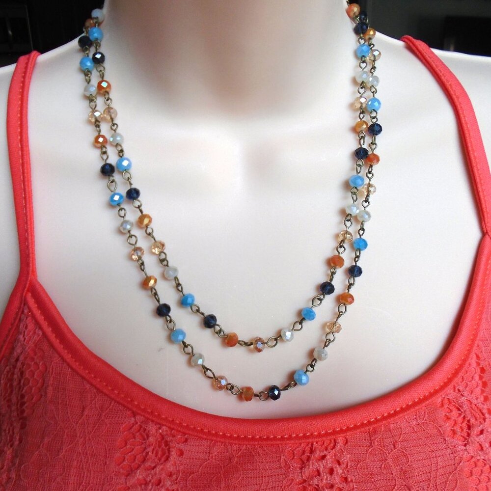 NWT ~ DOUBLE STRAND CRYSTALS BEADED Necklace Multicolor Blue Navy Cream Peach